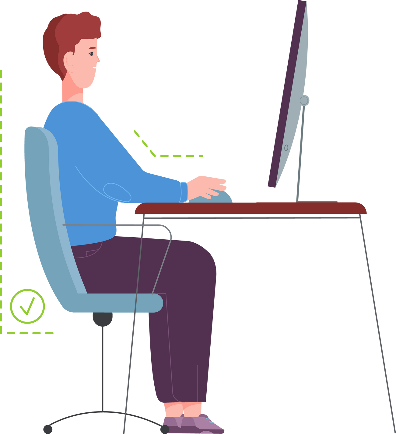 Healthy pose for long sitting. Right chair for computer work